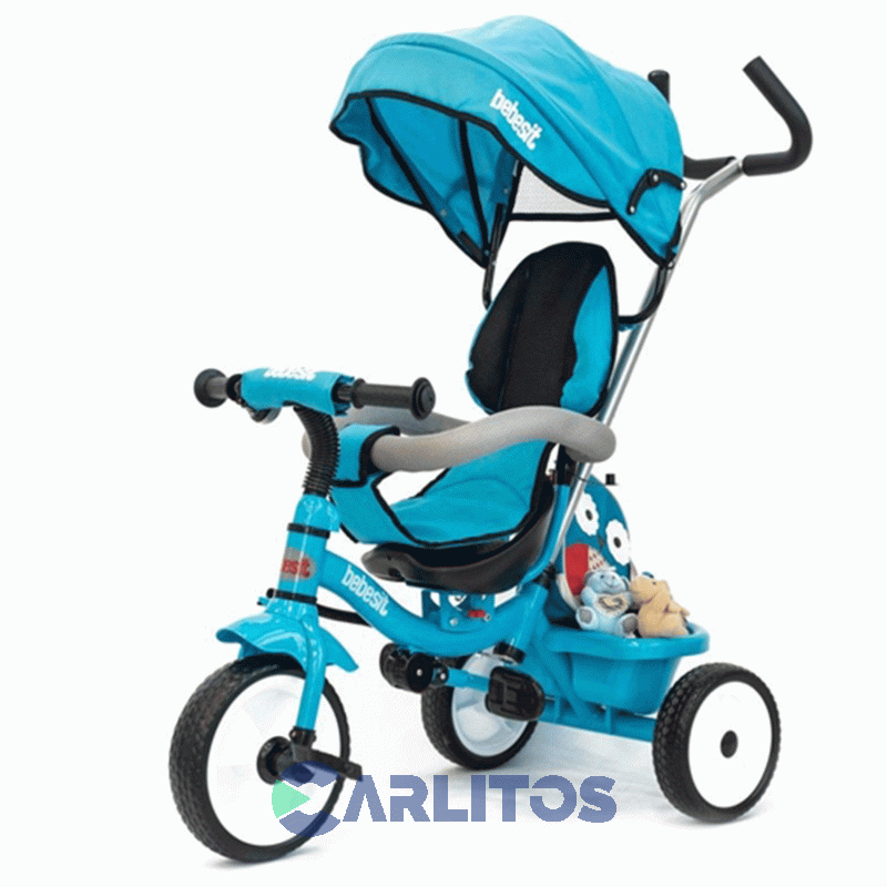 Triciclo Bebesit Con Barral Y Capota-Asiento Giratorio 360° Celeste Joy