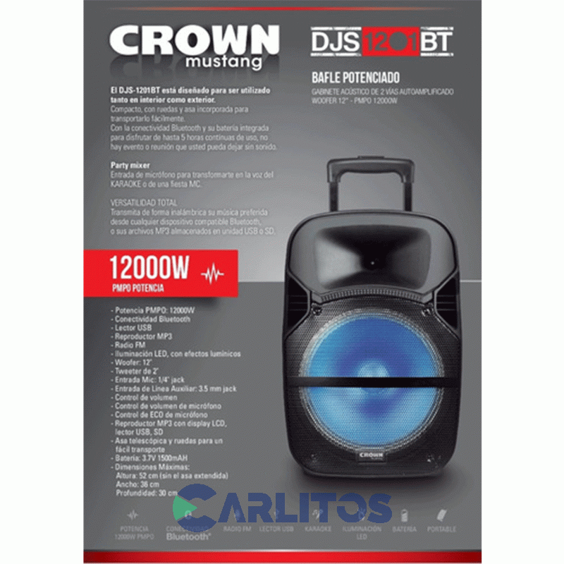 Parlante Torre Crown Mustang Con Bluetooth Y Batería Djs-1201bt