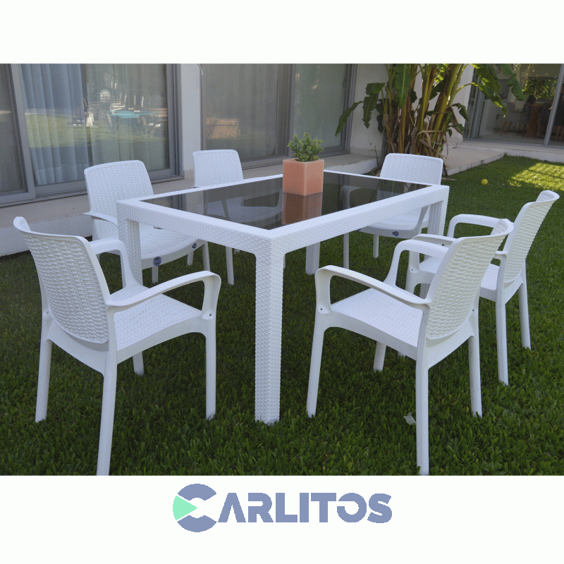 Mesa Simil Rattan Voss Color Blanco 1.50 Mts Tapa Vidrio Templado 6 Mm